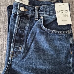 Madewell Women's Classic Blue Straight Jeans LONGLINE Mckinney Wash Rigid Denim
